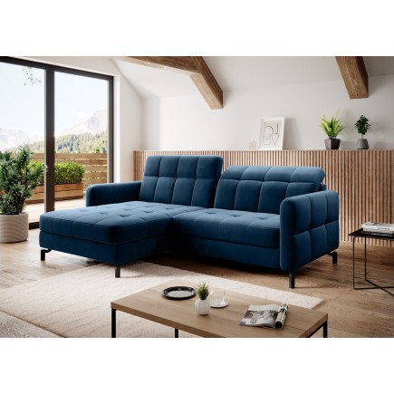 Canapé d'angle convertible en velours bleu foncé luxe 3-4 places LORO, angle gauche (vu de face)