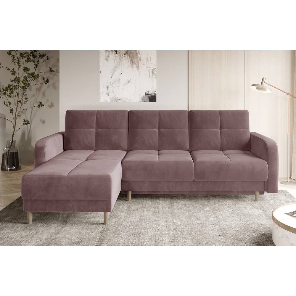 - Canapé d'angle convertible en tissu velours luxe, rangement - rose pale, angle gauche (vu de face), ROXANE VELOURS, 4 places