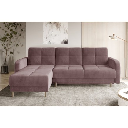 - Canapé d'angle convertible en tissu velours luxe, rangement - rose pale, angle gauche (vu de face), ROXANE VELOURS