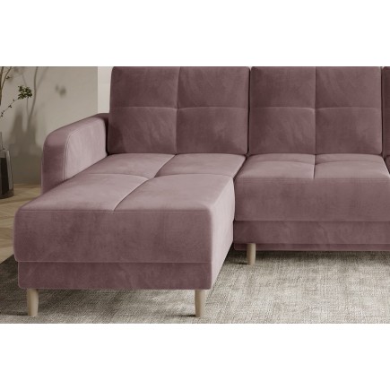 - Canapé d'angle convertible en tissu velours luxe, rangement - rose pale, angle gauche (vu de face), ROXANE VELOURS, 4 places