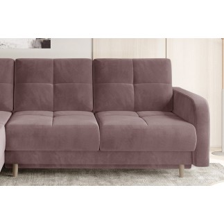 - Canapé d'angle convertible en tissu velours luxe, rangement - rose pale, angle gauche (vu de face), ROXANE VELOURS