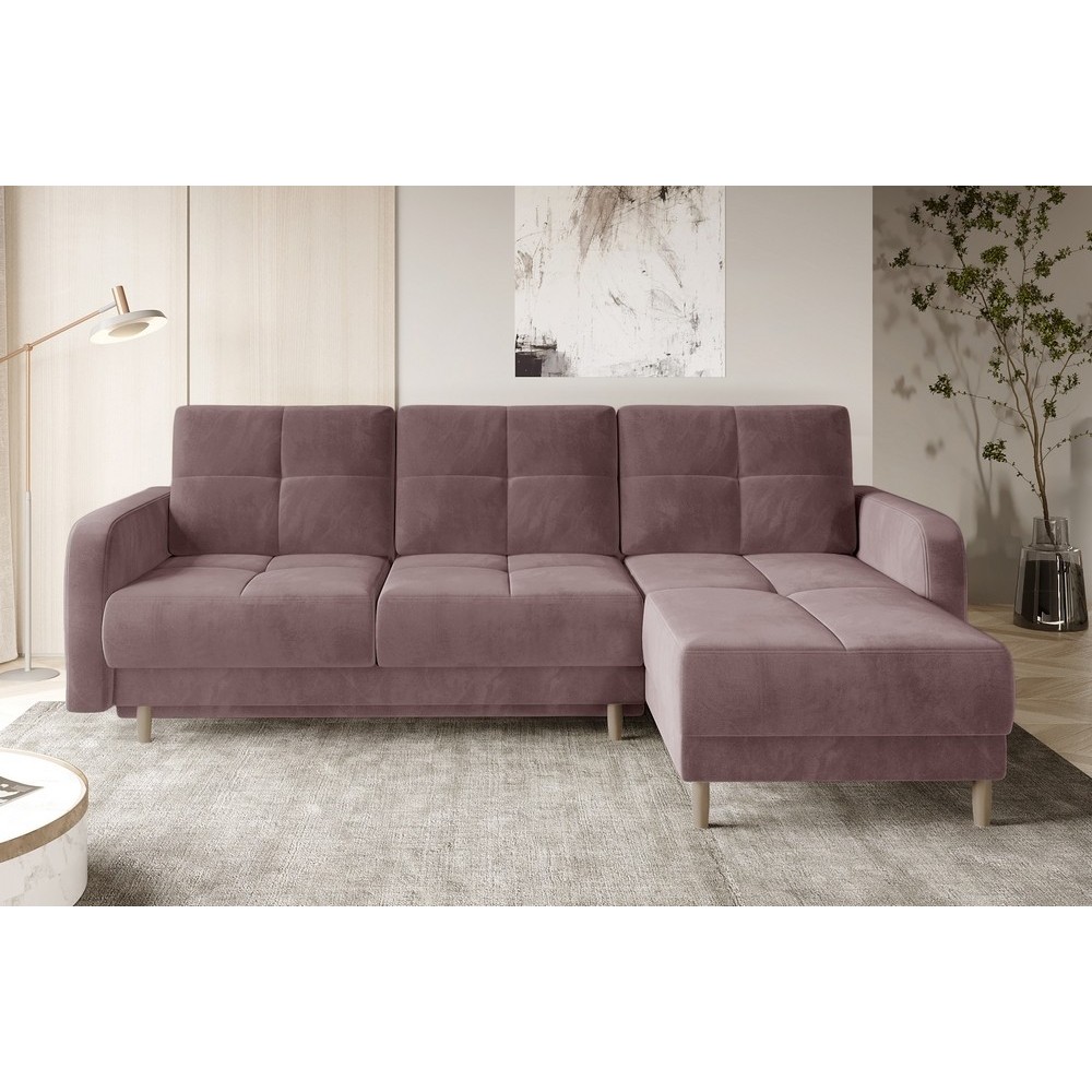 Canapé d'angle convertible en tissu velours luxe, rangement - rose pale, angle droit (vu de face), ROXANE VELOURS, 4 places