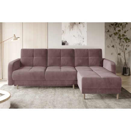 Canapé d'angle convertible en tissu velours luxe, rangement - rose pale, angle droit (vu de face), ROXANE VELOURS