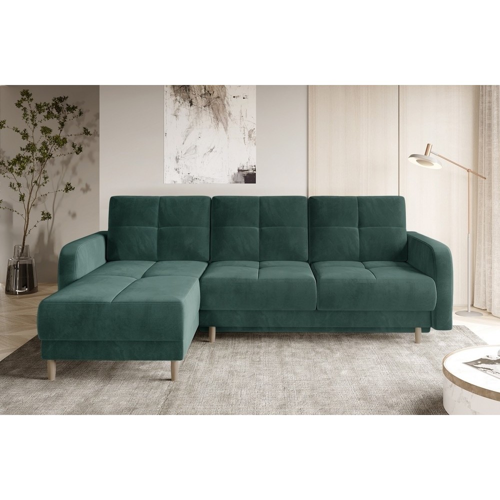 Canapé d'angle convertible en tissu velours luxe, rangement - vert foncé, angle gauche (vu de face), ROXANE VELOURS, 4 places