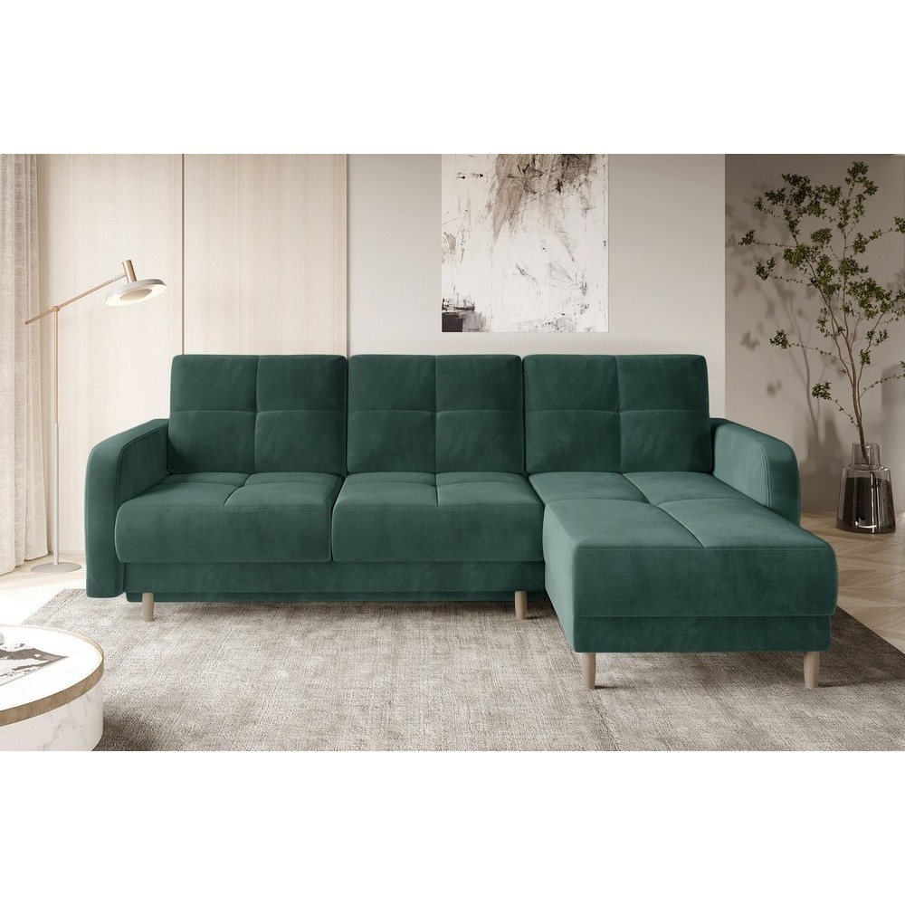 Canapé d'angle convertible en tissu velours luxe, rangement - vert foncé, angle droit (vu de face), ROXANE VELOURS, 4 places