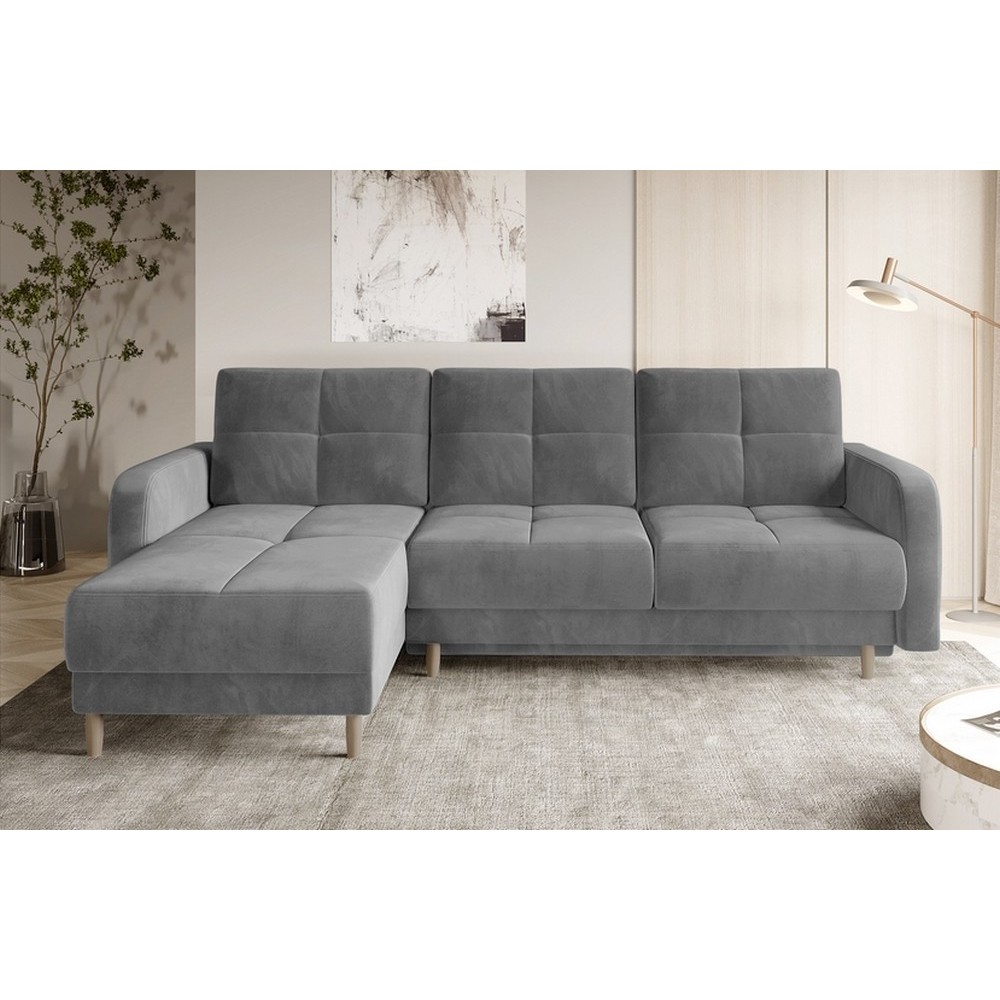 Canapé d'angle convertible en tissu velours luxe, rangement - gris, angle gauche (vu de face), ROXANE VELOURS, 4 places