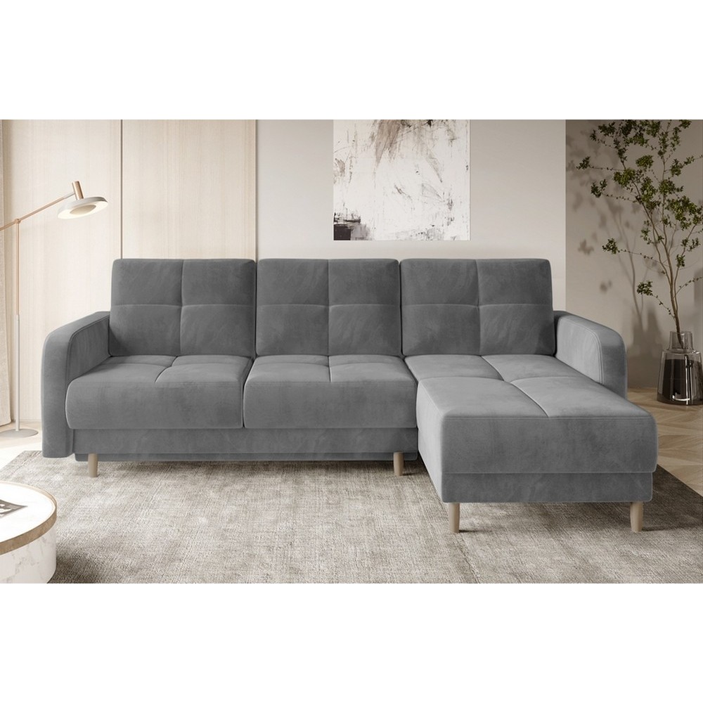 Canapé d'angle convertible en tissu velours luxe, rangement - gris, angle droit(vu de face), ROXANE VELOURS, 4 places