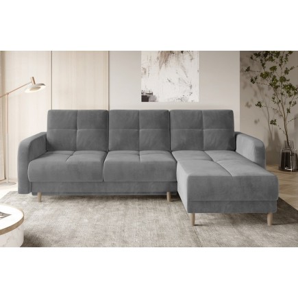 Canapé d'angle convertible en tissu velours luxe, rangement - gris, angle droit(vu de face), ROXANE VELOURS