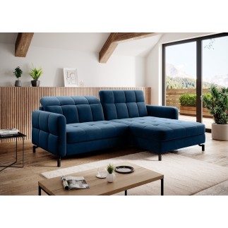 Canapé d'angle convertible en velours bleu foncé luxe 3-4 places LORO, angle droit (vu de face)