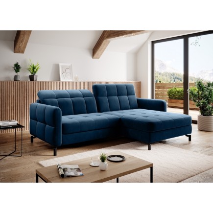 Canapé d'angle convertible en velours bleu foncé luxe 3-4 places LORO, angle droit (vu de face)