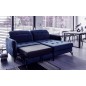 Canapé d'angle convertible en velours bleu foncé luxe 3-4 places LORO, angle droit (vu de face) Canapé d'angle convertible en velours bleu foncé luxe 3-4 places LORO, angle droit (vu de face)