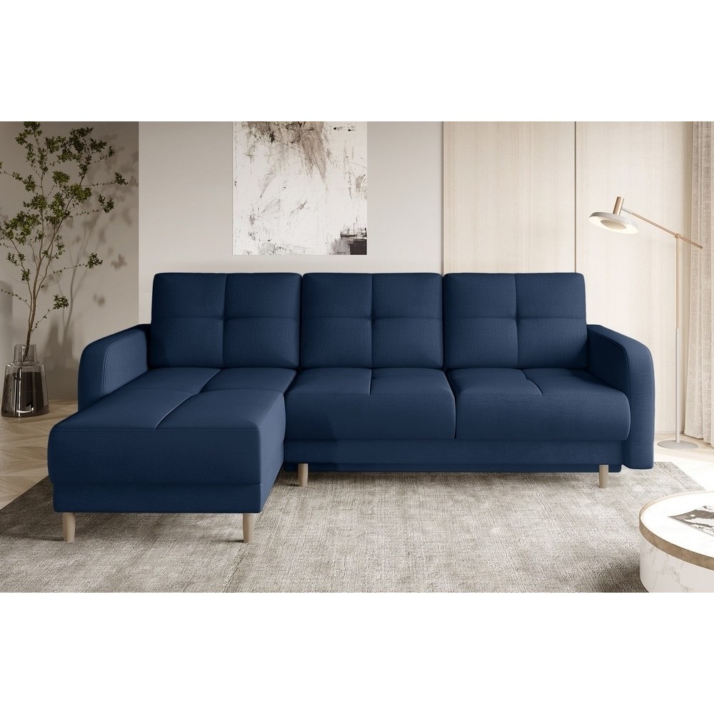 Canapé d'angle convertible en tissu velours luxe, rangement - bleu foncé, angle gauche (vu de face), ROXANE VELOURS, 4 places