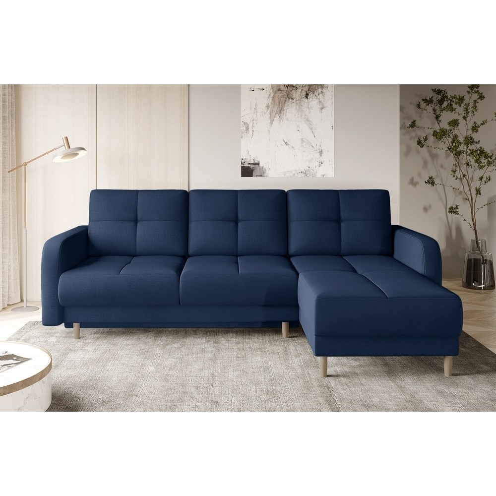 Canapé d'angle convertible en tissu velours luxe, rangement - bleu foncé, angle droit (vu de face), ROXANE VELOURS, 4 places