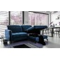 Canapé d'angle convertible en velours bleu foncé luxe 3-4 places LORO, angle droit (vu de face) Canapé d'angle convertible en velours bleu foncé luxe 3-4 places LORO, angle droit (vu de face)