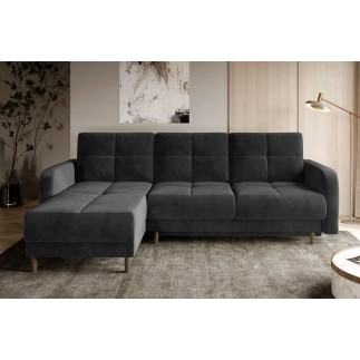 Canapé d'angle convertible en tissu velours luxe, rangement - gris foncé, angle gauche (vu de face), ROXANE VELOURS