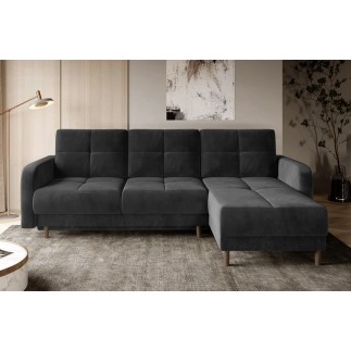 Canapé d'angle convertible en tissu velours luxe, rangement - gris foncé, angle droit (vu de face), ROXANE VELOURS