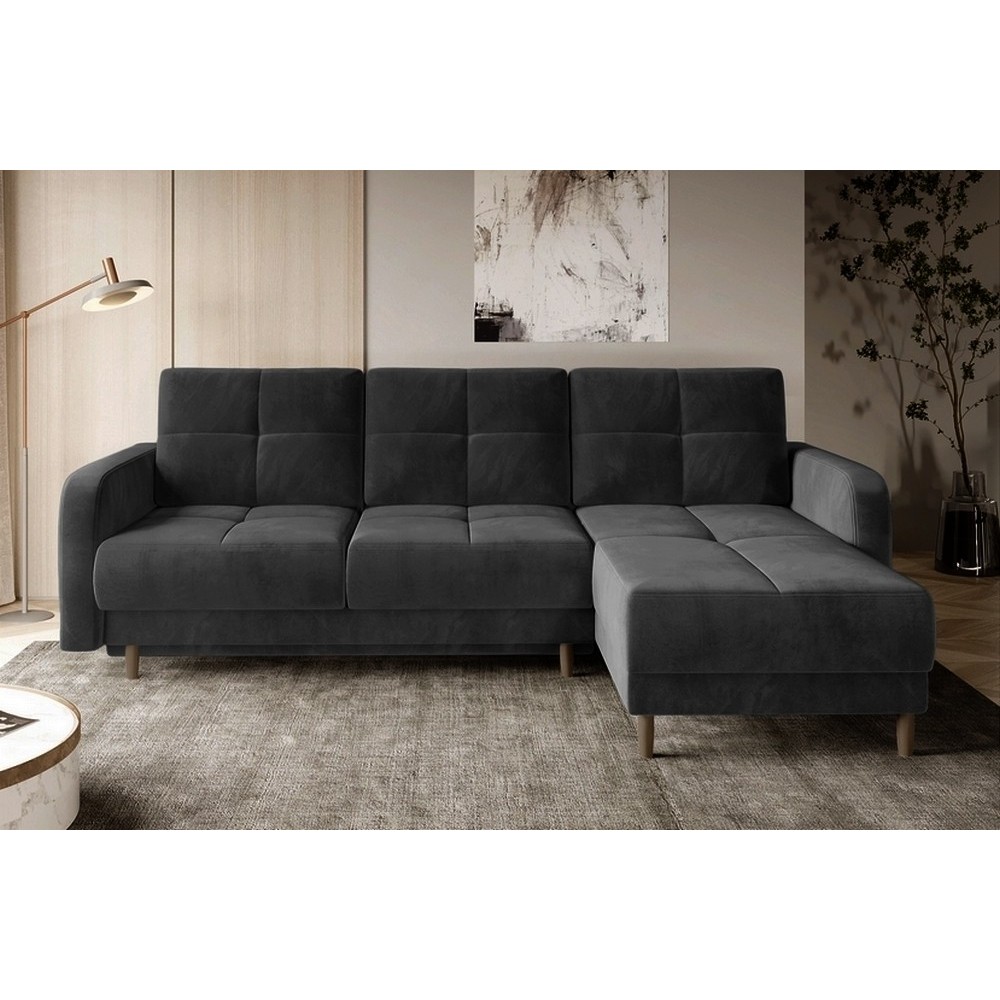 Canapé d'angle convertible en tissu velours luxe, rangement - gris foncé, angle droit (vu de face), ROXANE VELOURS, 4 places