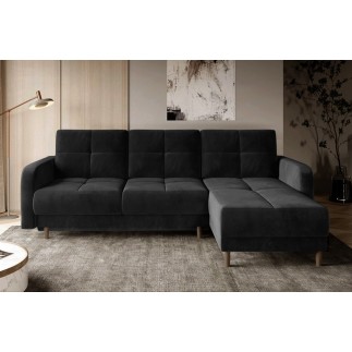 Canapé d'angle convertible en tissu velours luxe, rangement - noir, angle droit(vu de face), ROXANE VELOURS