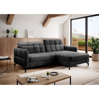 Canapé d'angle convertible en velours gris foncé luxe 3-4 places LORO, angle droit (vu de face)