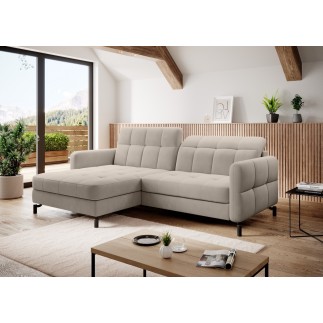 Canapé d'angle convertible en velours beige luxe 3-4 places LORO, angle gauche (vu de face)