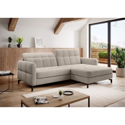 Canapé d'angle convertible en velours beige luxe 3-4 places LORO, angle gauche (vu de face)