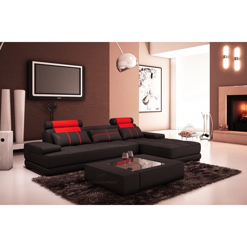 Canapé d'angle en cuir italien 5 places ELIXA, noir et rouge, angle droit