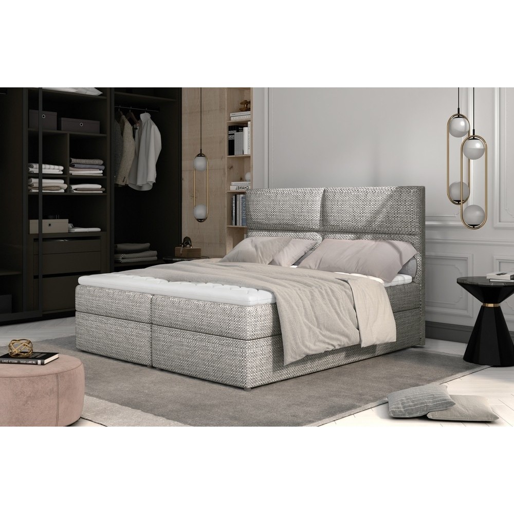 Ensemble boxspring complet tête de lit + sommiers + matelas + surmatelas AMARIS de VENESETTI - tissu luxe gris - 160x200 cm