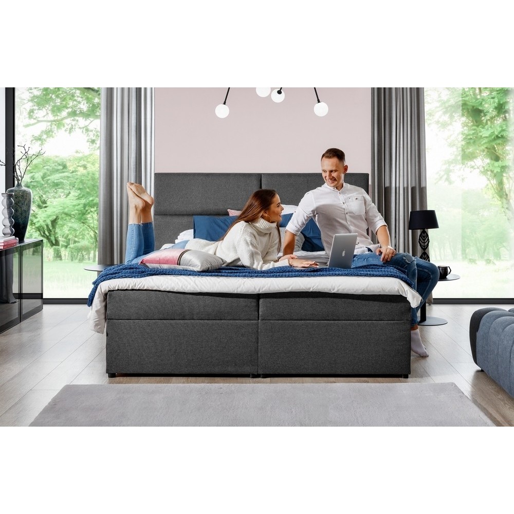 Ensemble boxspring complet tête de lit + sommiers + matelas + surmatelas AMARIS de VENESETTI - tissu luxe gris foncé - 140x200 c