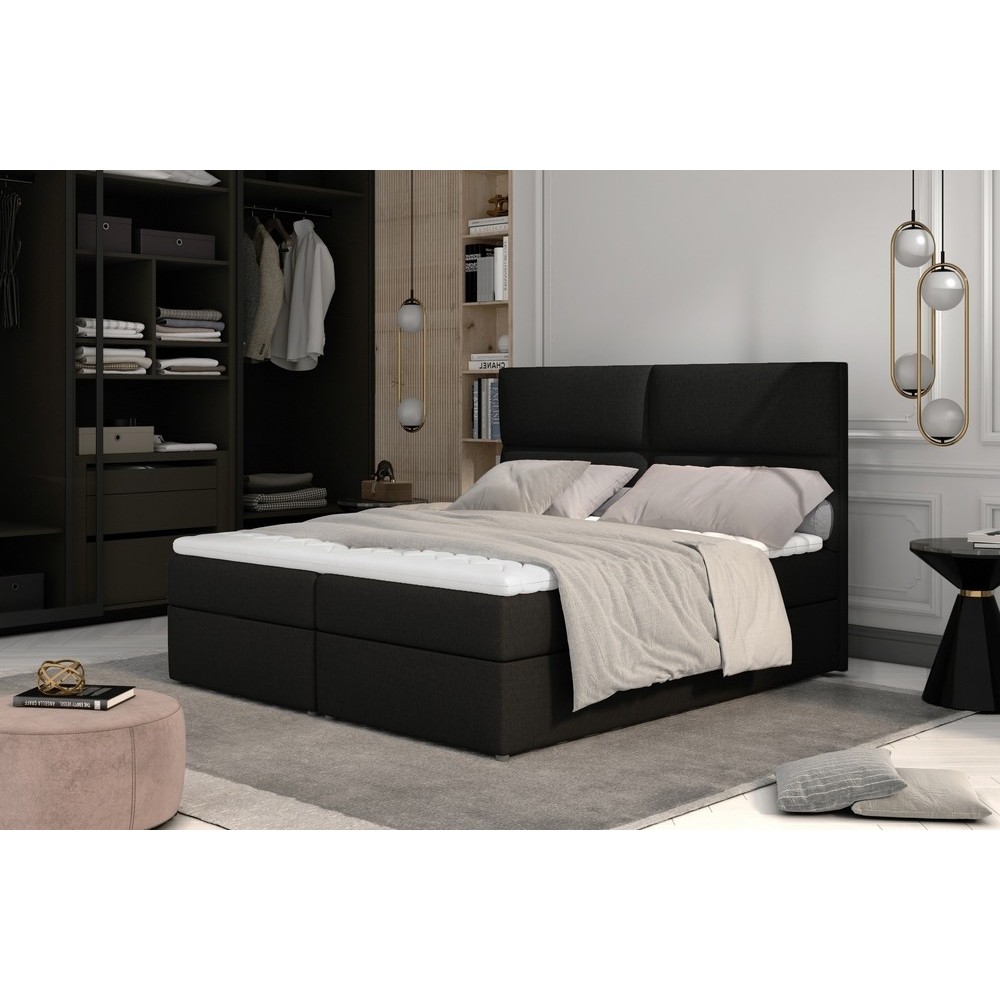 Ensemble boxspring complet tête de lit + sommiers + matelas + surmatelas AMARIS de VENESETTI - tissu luxe noir - 160x200 cm
