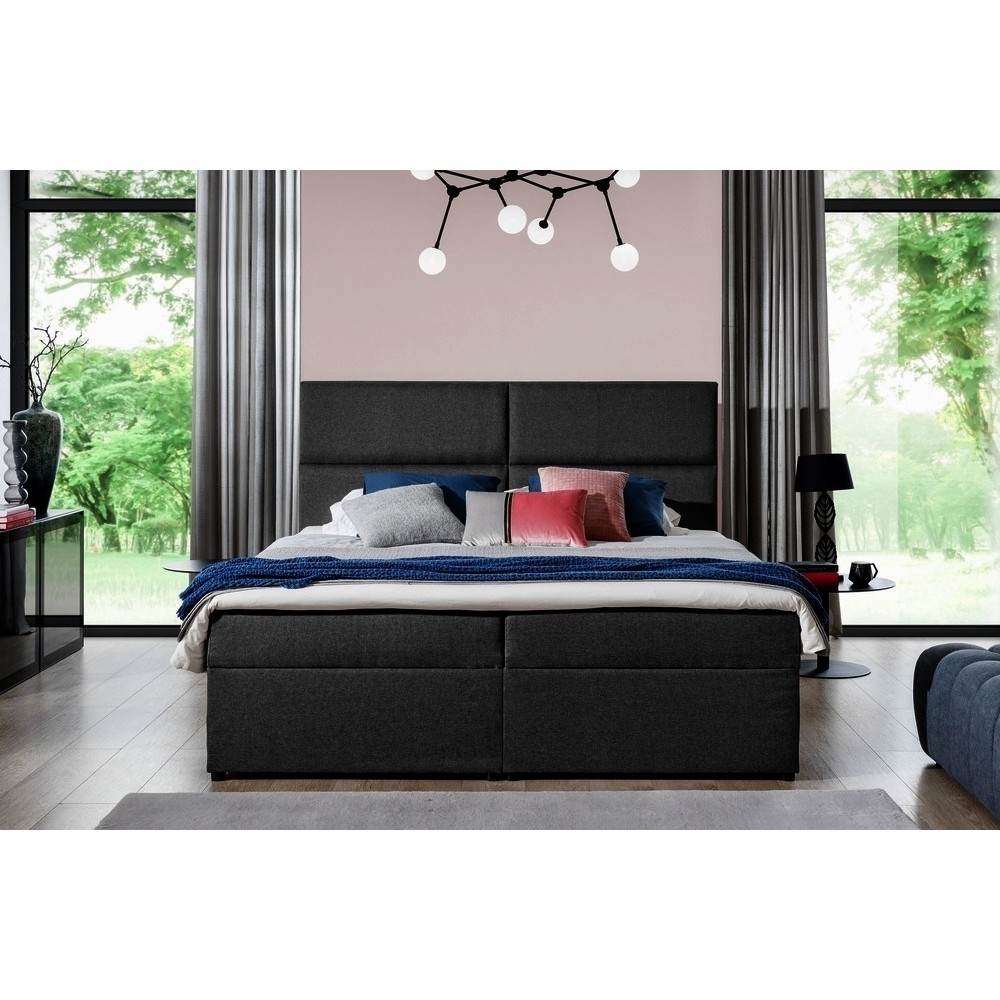 Ensemble boxspring complet tête de lit + sommiers + matelas + surmatelas AMARIS de VENESETTI - tissu luxe noir - 180x200 cm