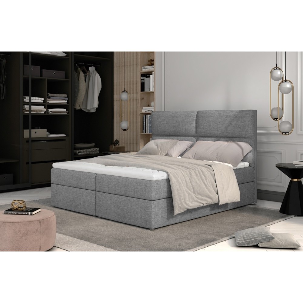 Ensemble boxspring complet tête de lit + sommiers + matelas + surmatelas AMARIS de VENESETTI - tissu luxe gris clair - 160x200 c