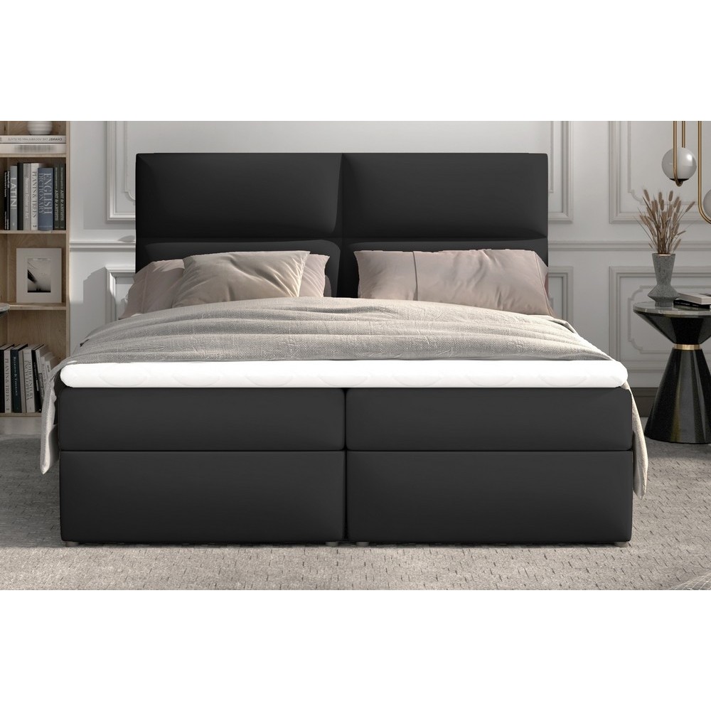 Ensemble boxspring complet tête de lit + sommiers + matelas + surmatelas AMARIS de VENESETTI - simili cuir noir - 180x200 cm