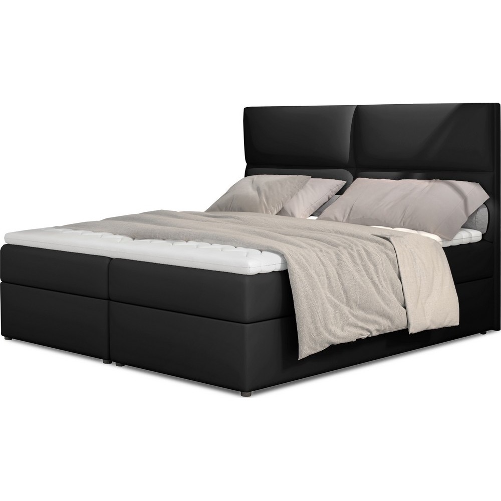 Ensemble boxspring complet tête de lit + sommiers + matelas + surmatelas AMARIS de VENESETTI - simili cuir noir - 140x200 cm
