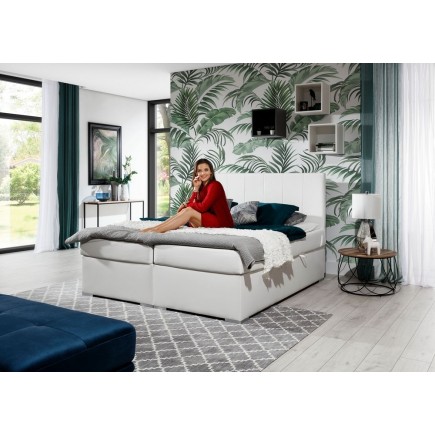 Ensemble boxspring complet tête de lit + sommiers + matelas + surmatelas BORIS de VENESETTI - simili cuir blanc - 140x200 cm