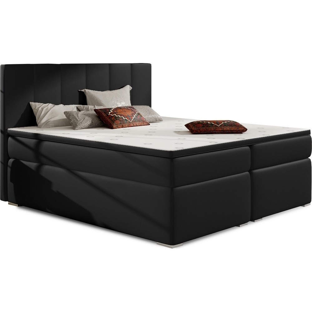Ensemble boxspring complet tête de lit + sommiers + matelas + surmatelas BORIS de VENESETTI - simili cuir noir - 140x200 cm