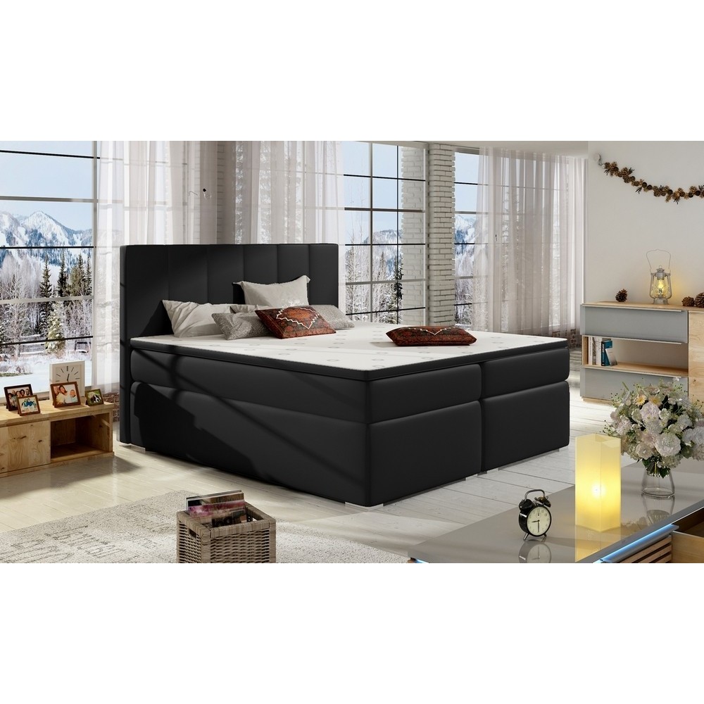 Ensemble boxspring complet tête de lit + sommiers + matelas + surmatelas BORIS de VENESETTI - simili cuir noir - 160x200 cm