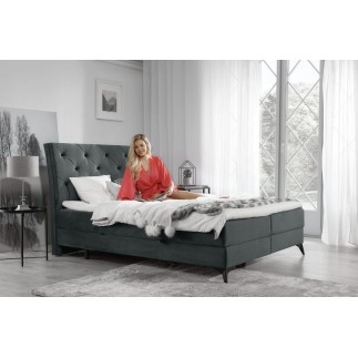 Ensemble boxspring complet tête de lit + sommiers + matelas + surmatelas LAMBERT de VENESETTI - tissu luxe gris foncé - 140x200