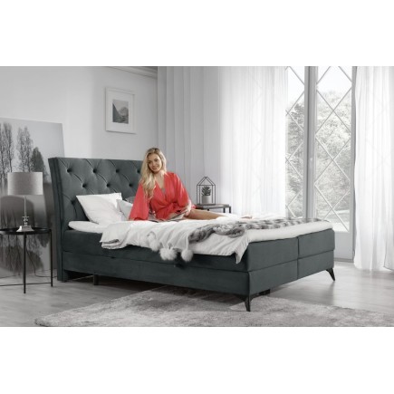 Ensemble boxspring complet tête de lit + sommiers + matelas + surmatelas LAMBERT de VENESETTI - tissu luxe gris foncé - 140x200