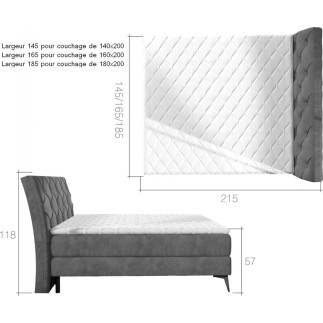 Ensemble boxspring complet tête de lit + sommiers + matelas + surmatelas LAMBERT de VENESETTI - tissu luxe gris foncé - 180x200