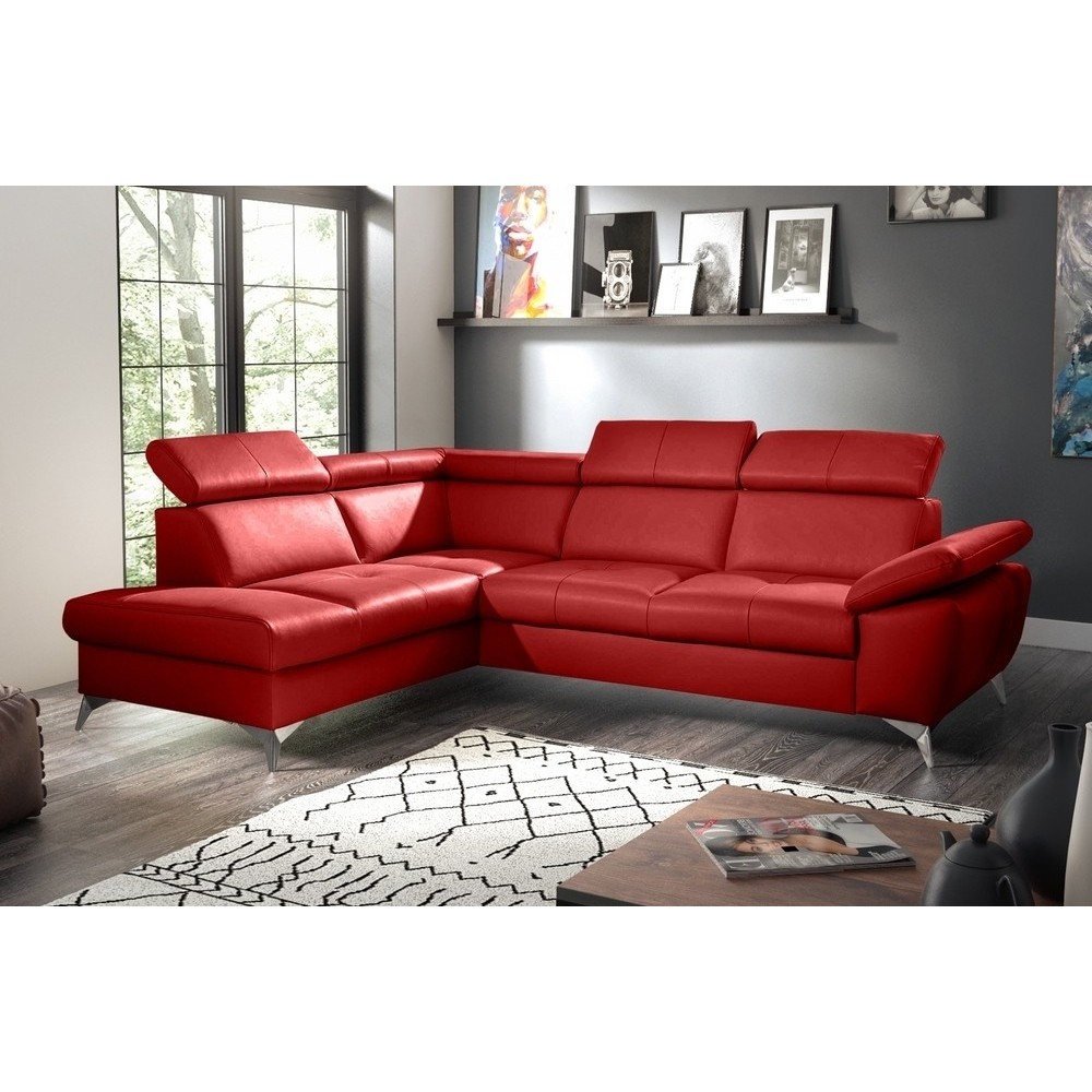 - Canapé d'angle convertible en cuir italien de luxe 5 places MILOS, avec coffre, rouge foncé, angle gauche (vu de face)
