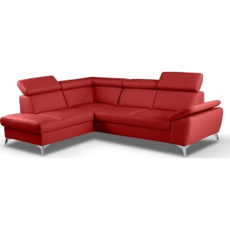 - Canapé d'angle convertible en cuir italien de luxe 5 places MILOS, avec coffre, rouge foncé, angle gauche (vu de face)