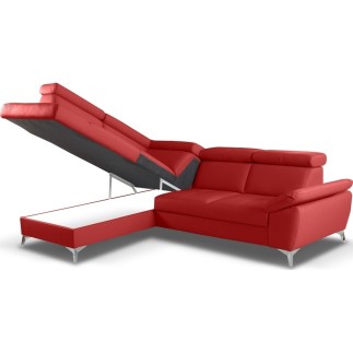 - Canapé d'angle convertible en cuir italien de luxe 5 places MILOS, avec coffre, rouge foncé, angle gauche (vu de face)