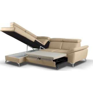 - Canapé d'angle convertible en cuir italien de luxe 5 places MILOS, avec coffre, beige, angle gauche (vu de face)