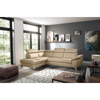 - Canapé d'angle convertible en cuir italien de luxe 5 places MILOS, avec coffre, beige, angle gauche (vu de face)