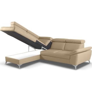 - Canapé d'angle convertible en cuir italien de luxe 5 places MILOS, avec coffre, beige, angle gauche (vu de face)