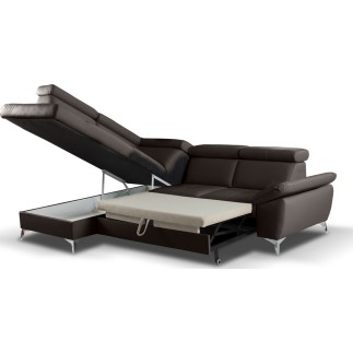 Canapé d'angle convertible en cuir italien de luxe 5 places MILOS, avec coffre, chocolat, angle gauche (vu de face)