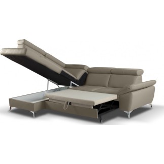 Canapé d'angle convertible en cuir italien de luxe 5 places MILOS, avec coffre, taupe, angle gauche (vu de face)