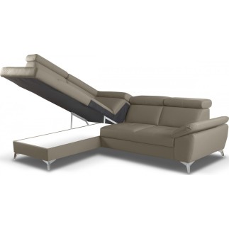 Canapé d'angle convertible en cuir italien de luxe 5 places MILOS, avec coffre, taupe, angle gauche (vu de face)