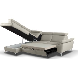 Canapé d'angle convertible en cuir italien de luxe 5 places MILOS, avec coffre, gris clair, angle gauche (vu de face)