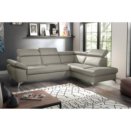 Canapé d'angle convertible en cuir italien de luxe 5 places MILOS, avec coffre, gris clair, angle droit